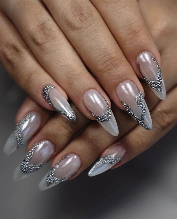 Stiletto Pearl Nails with Metallic Bead Detailing