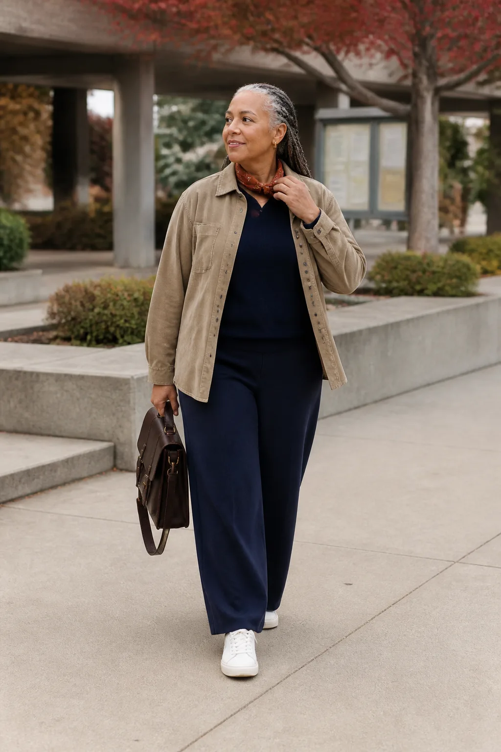 Stone Suede Jacket with Navy Knit Trousers