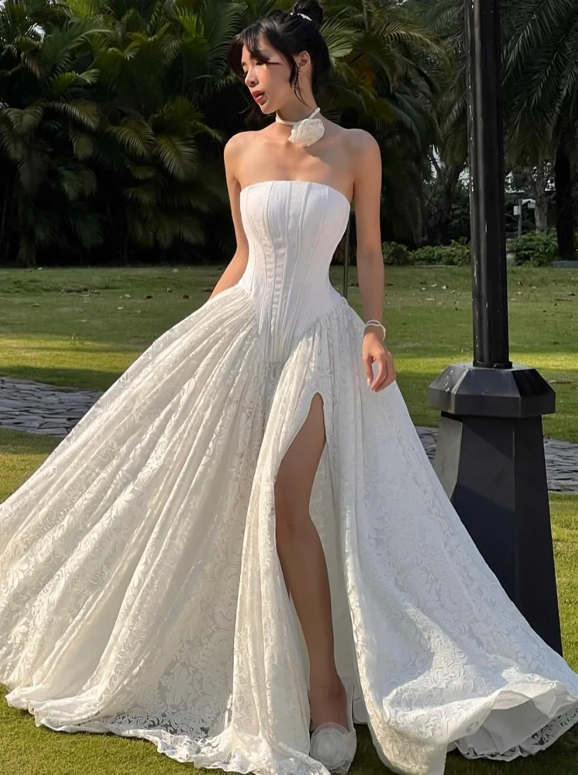 Strapless Corset Lace White Gown Thigh-High Slit