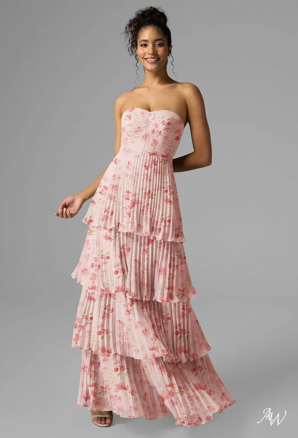 Strapless Pink Floral Tiered Pleated Gown
