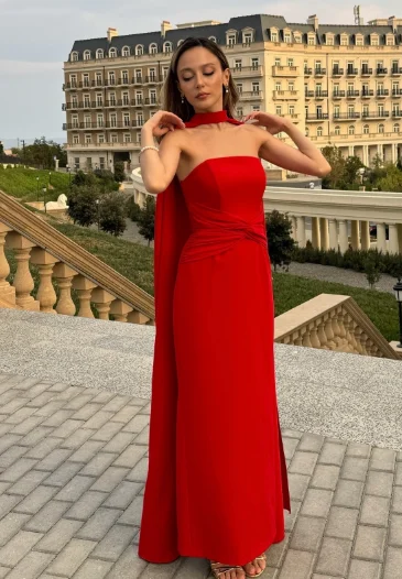 Strapless Red Gown and Flowing Red Cape