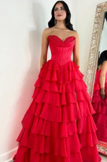 Strapless Tiered Ruffle Red Gown