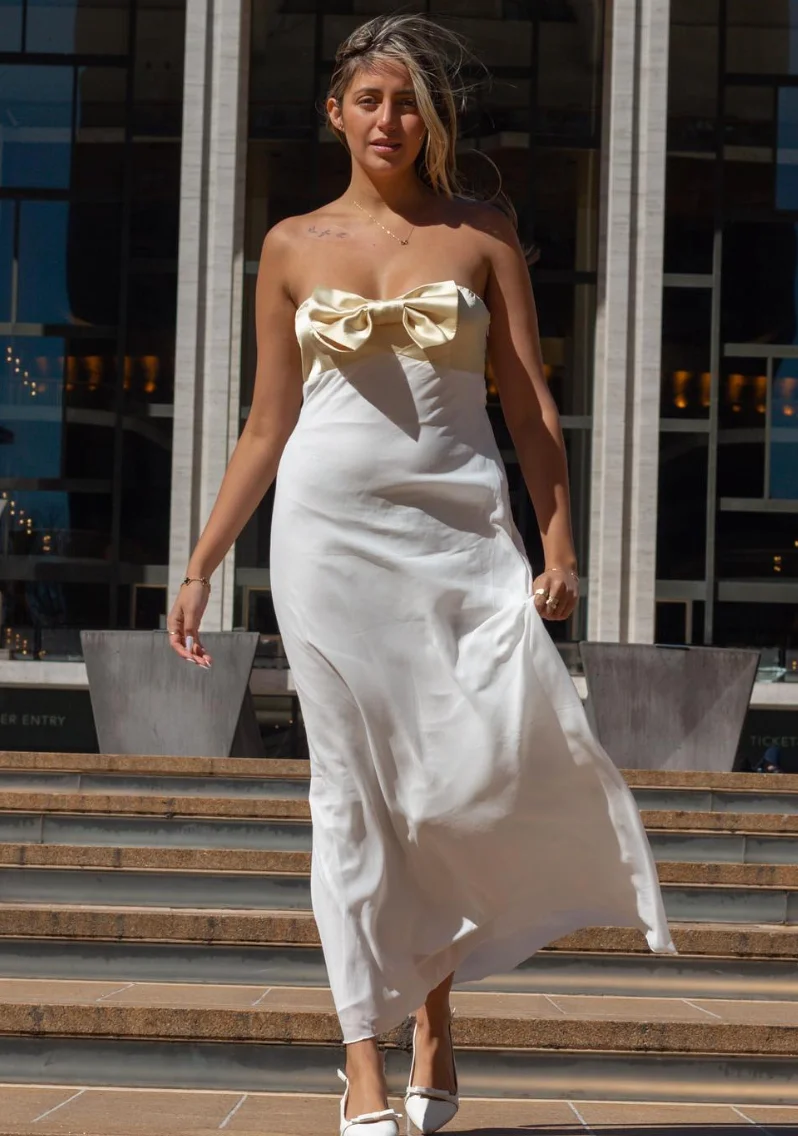 Strapless White Maxi Dress Gold Bow and White Heels