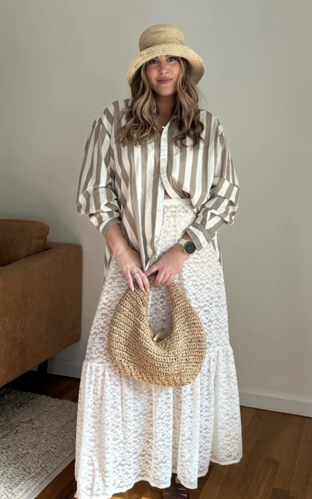Striped Button-Up Shirt + Lace Maxi Skirt + Straw Hat + Brown Sandals