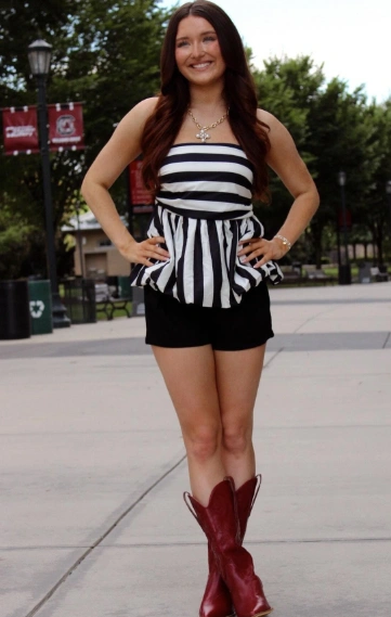 Striped Summer Tops + Black High-Waisted Shorts + Red Cowboy Boots