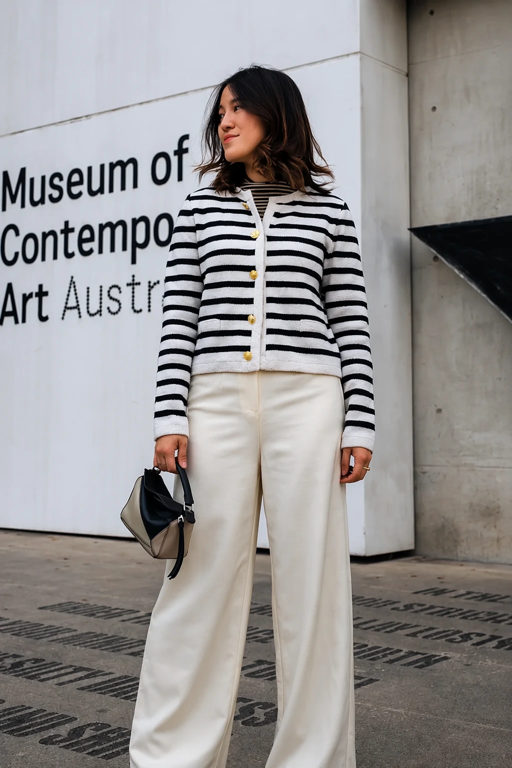 Stripped Cardigan + Cream Wide Leg Pants