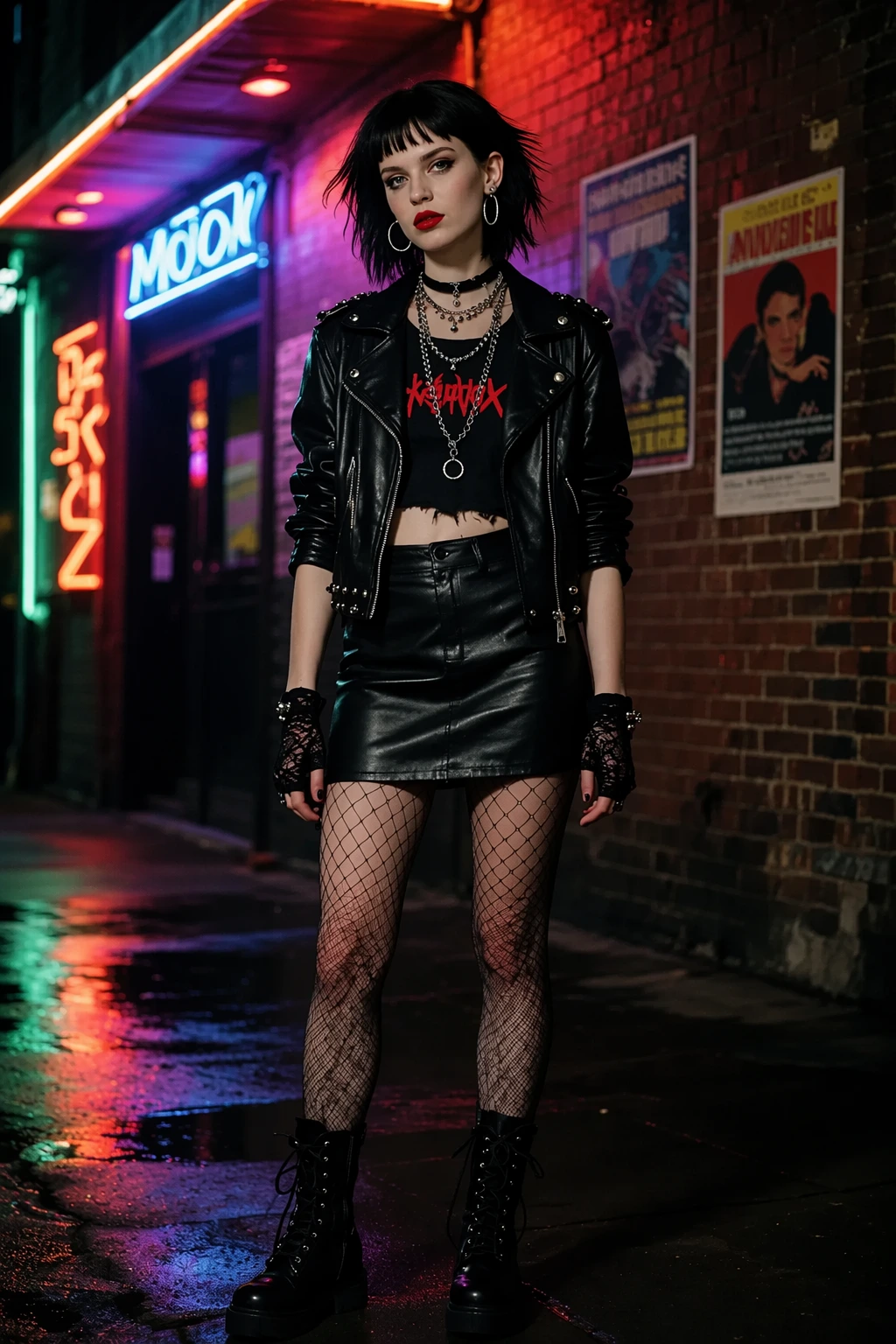 Studded Leather Jacket + Graphic Crop Top + Mini Skirt + Fishnets + Combat Boots