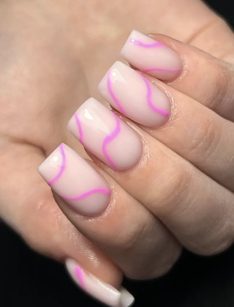 Stylish Square Milky White Nails with Vibrant Pink Swirls