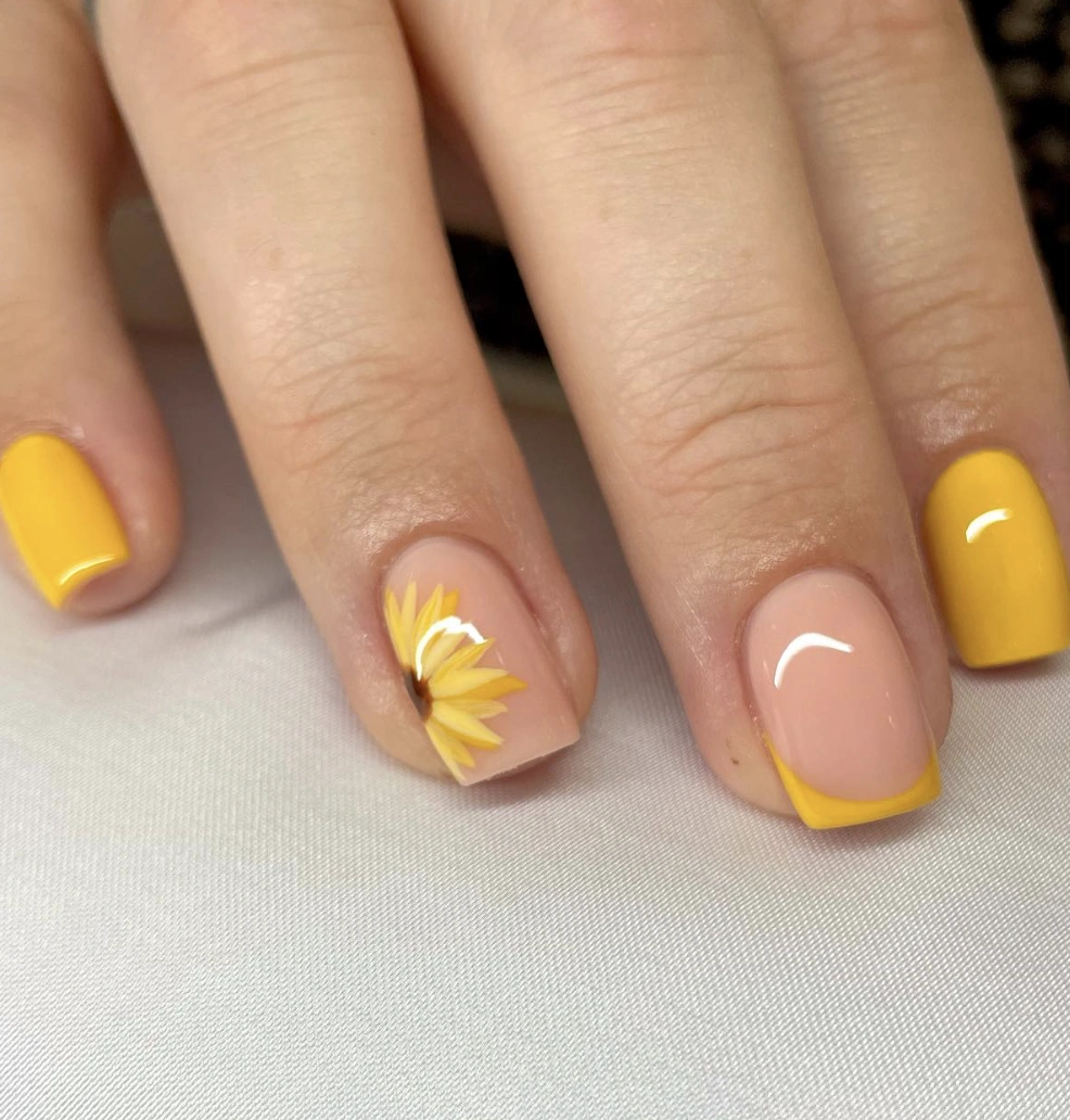 Sunflower Accent Nail with Butter Yellow French Tips