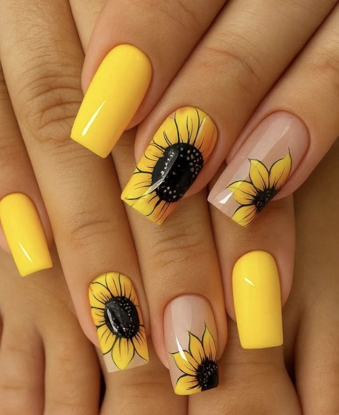 Sunny Sunflower Nail Art with Solid Yellow Accents