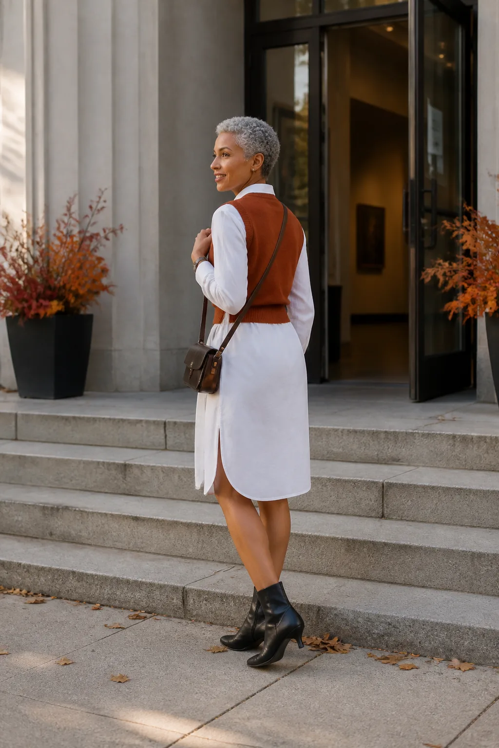 Sweater Vest, Shirt Dress, and Heeled Boots