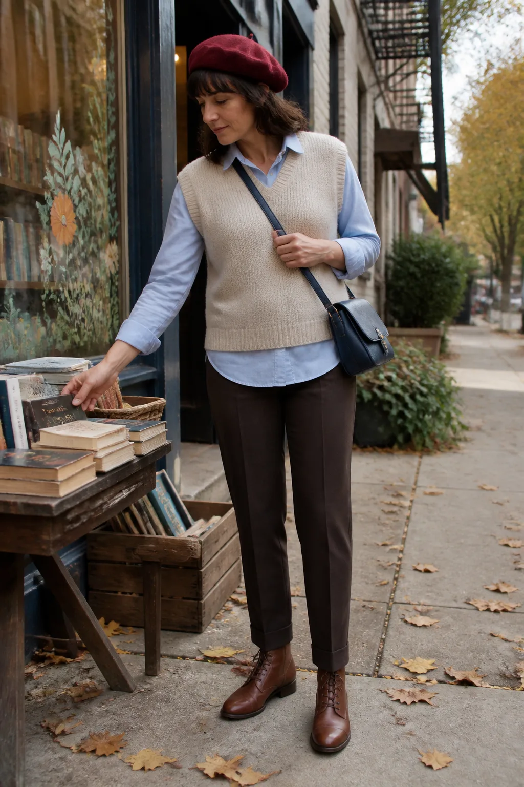 Sweater Vest, White Shirt and Brown Ankle Boots