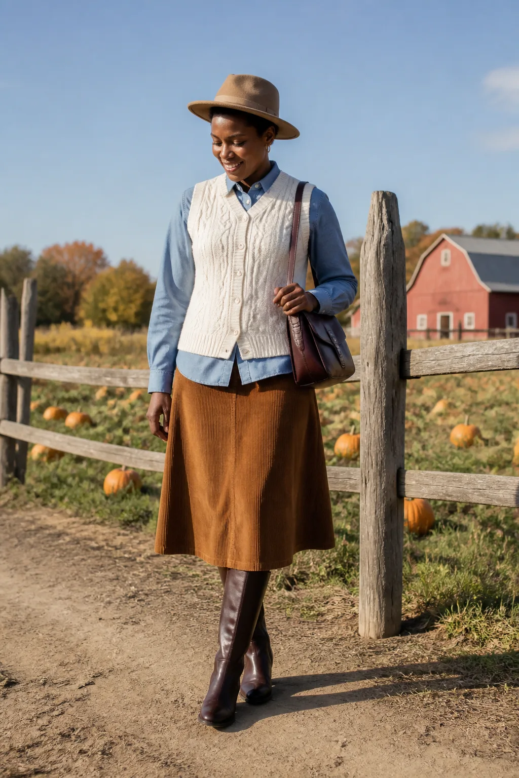 Sweater Vest with Corduroy Midi Skirt