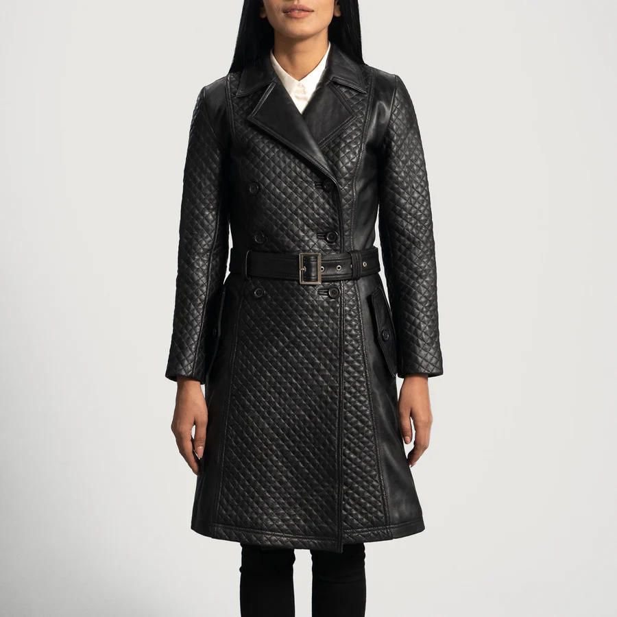 Sweet Susan Black Leather Quilted Trench Coat