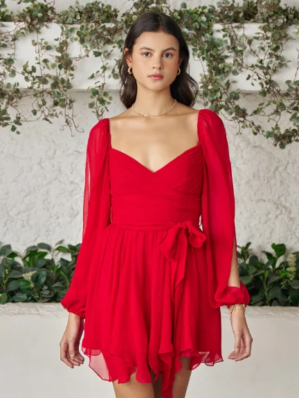 Sweetheart Neckline Long Sleeve Red Mini Dress