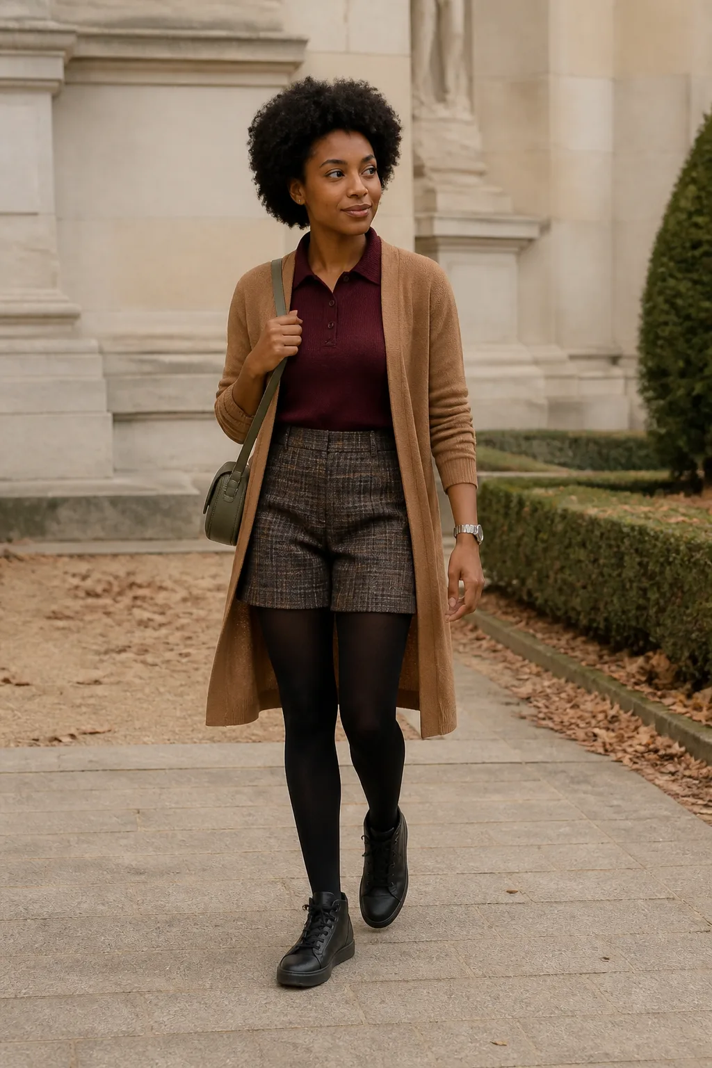 Tailored Plaid Shorts, Tights, and High-Top Sneakers