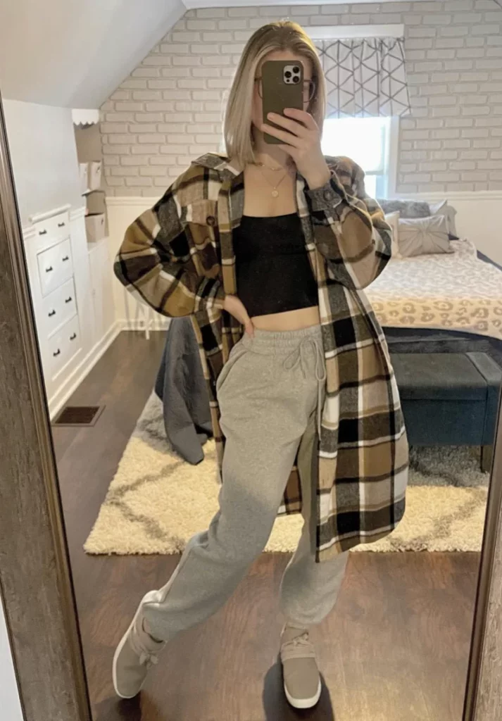 Tan Black Plaid Oversized Shirt Jacket + Black Cropped Tank Top + Grey Sweatpants + Grey Sneakers