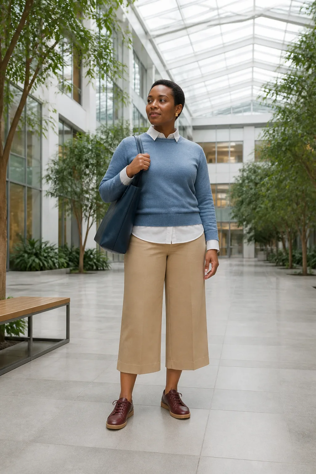 Tan Culottes, Blue Sweater, and Burgundy Sneakers