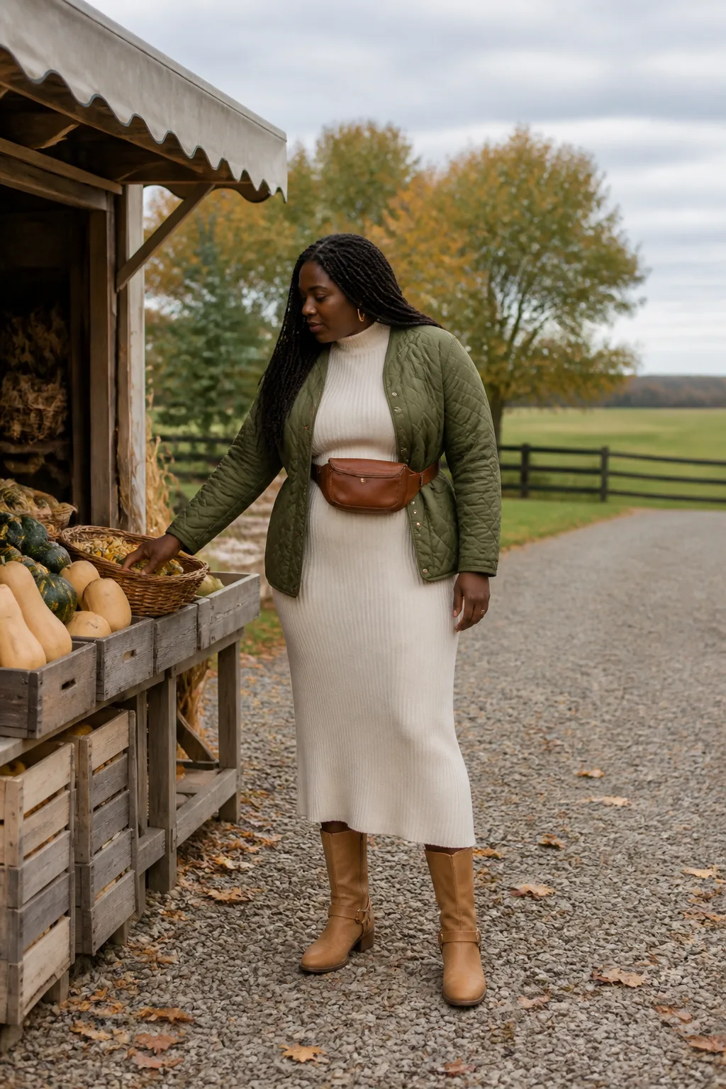 Tan Harness Boots with an Ivory Knit Skirt Set