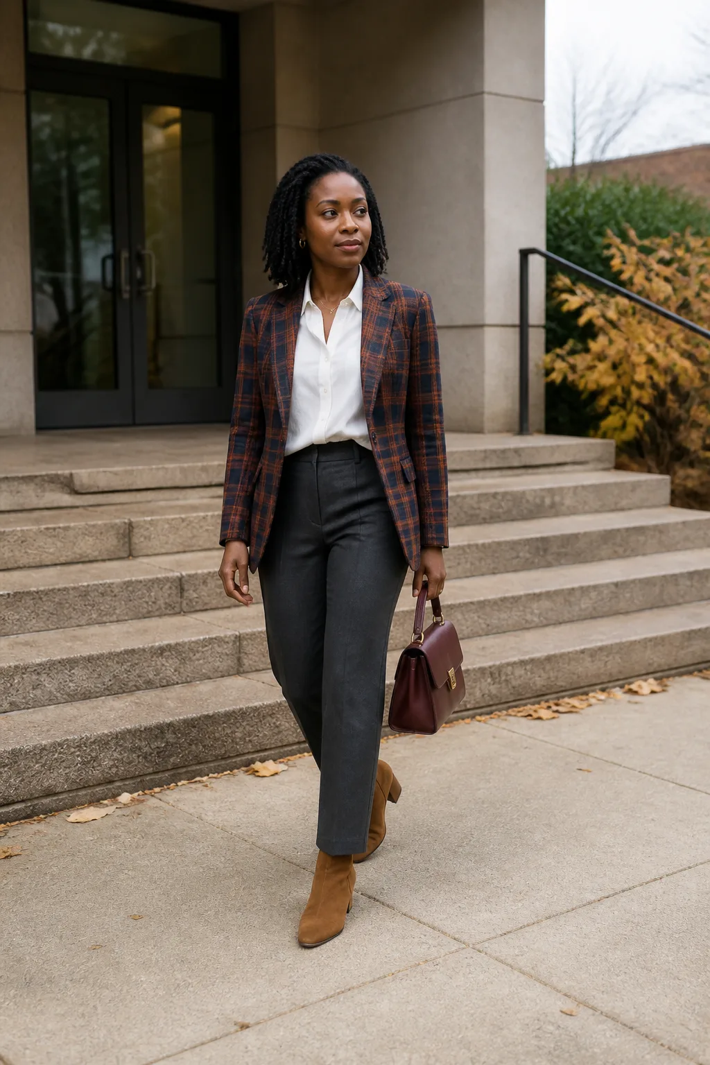 Tan Suede Ankle Boots with a Plaid Blazer and Trousers
