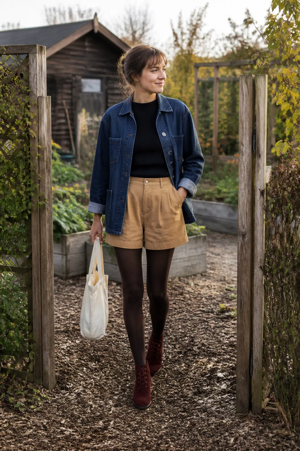 Tan Tailored Shorts with a Denim Chore Jacket
