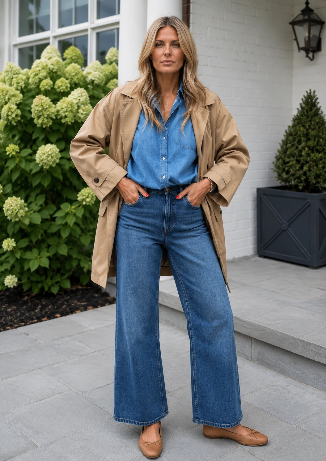 Tan Trench Coat + Chambray Shirt + Wide-Leg Jeans