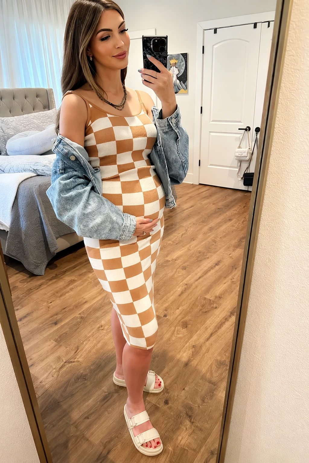 Tan White Checkered Bodycon Dress + Light Wash Denim Jacket + White Platform Sandals
