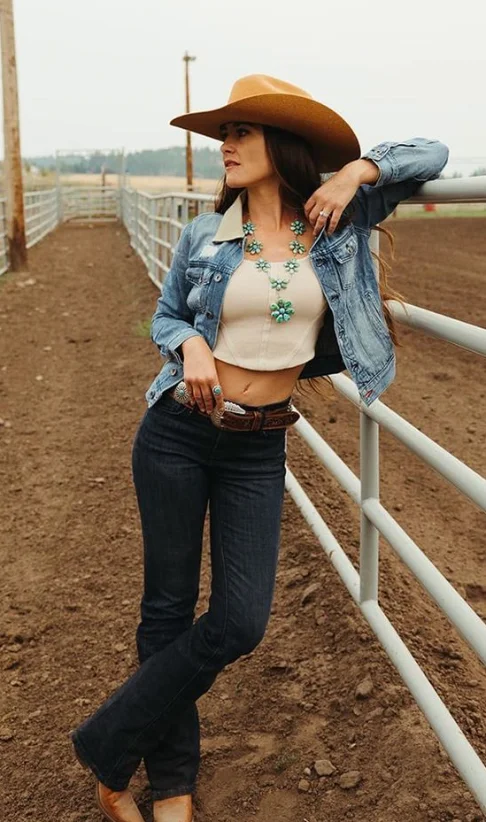 Tan Wide-Brim Cowboy Hat + Light Wash Denim Jacket + White Crop Top + Dark Wash Flared Jeans + Brown Leather Belt + Turquoise Pendant Necklace