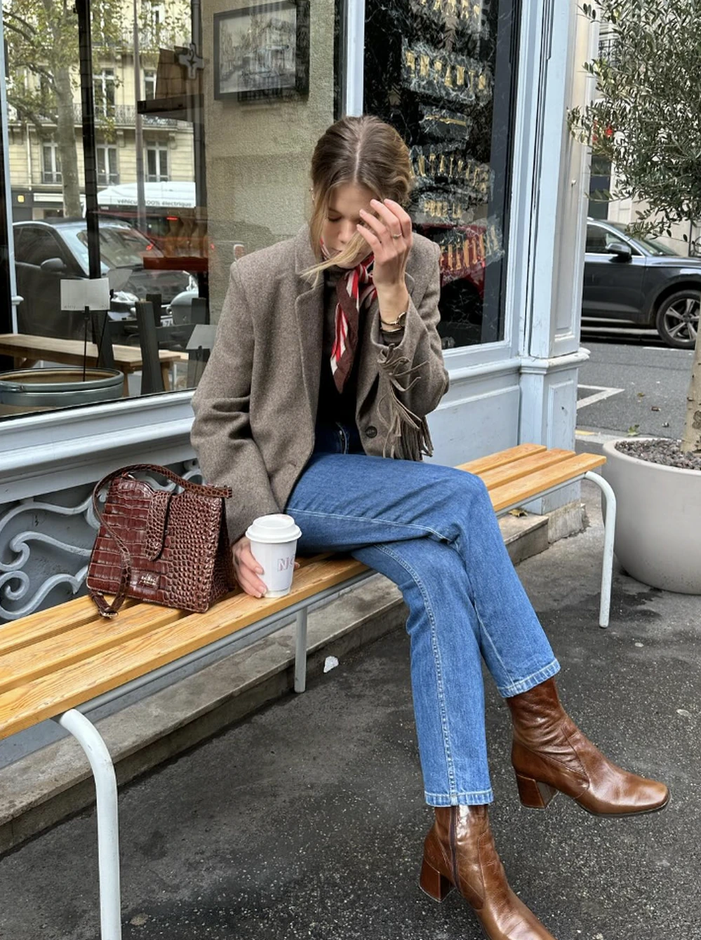 Taupe Blazer + Straight-Leg Jeans + Brown Boots