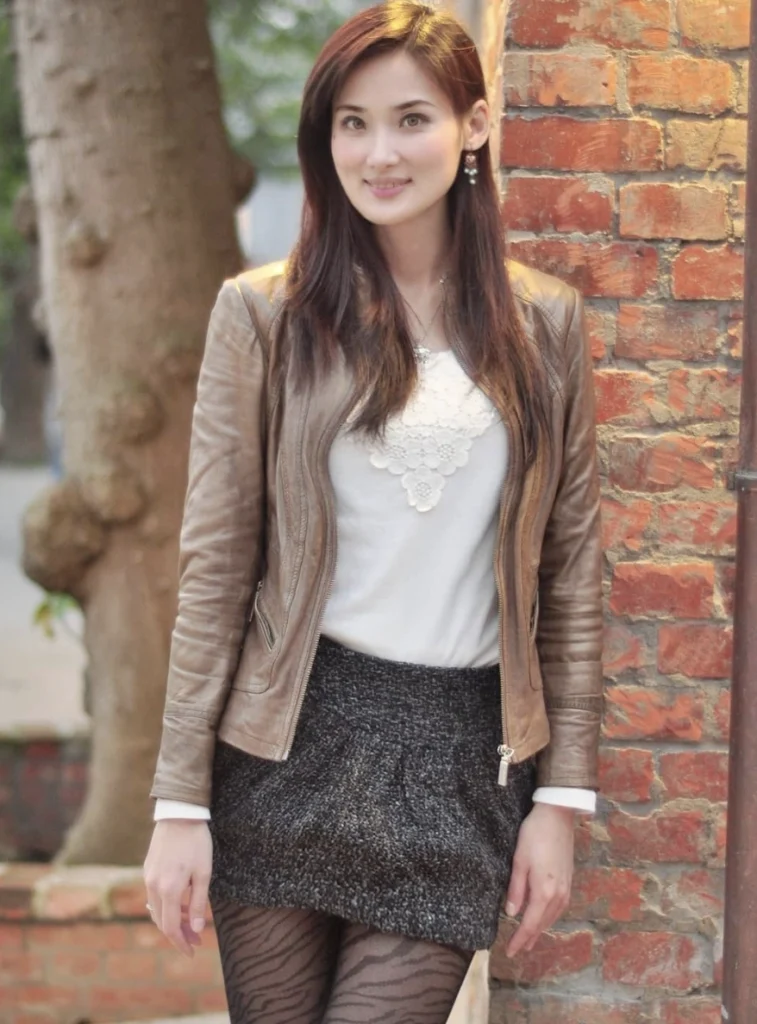 Taupe Leather Jacket + White Lace Blouse + Black Textured Mini Skirt + Black Patterned Tights