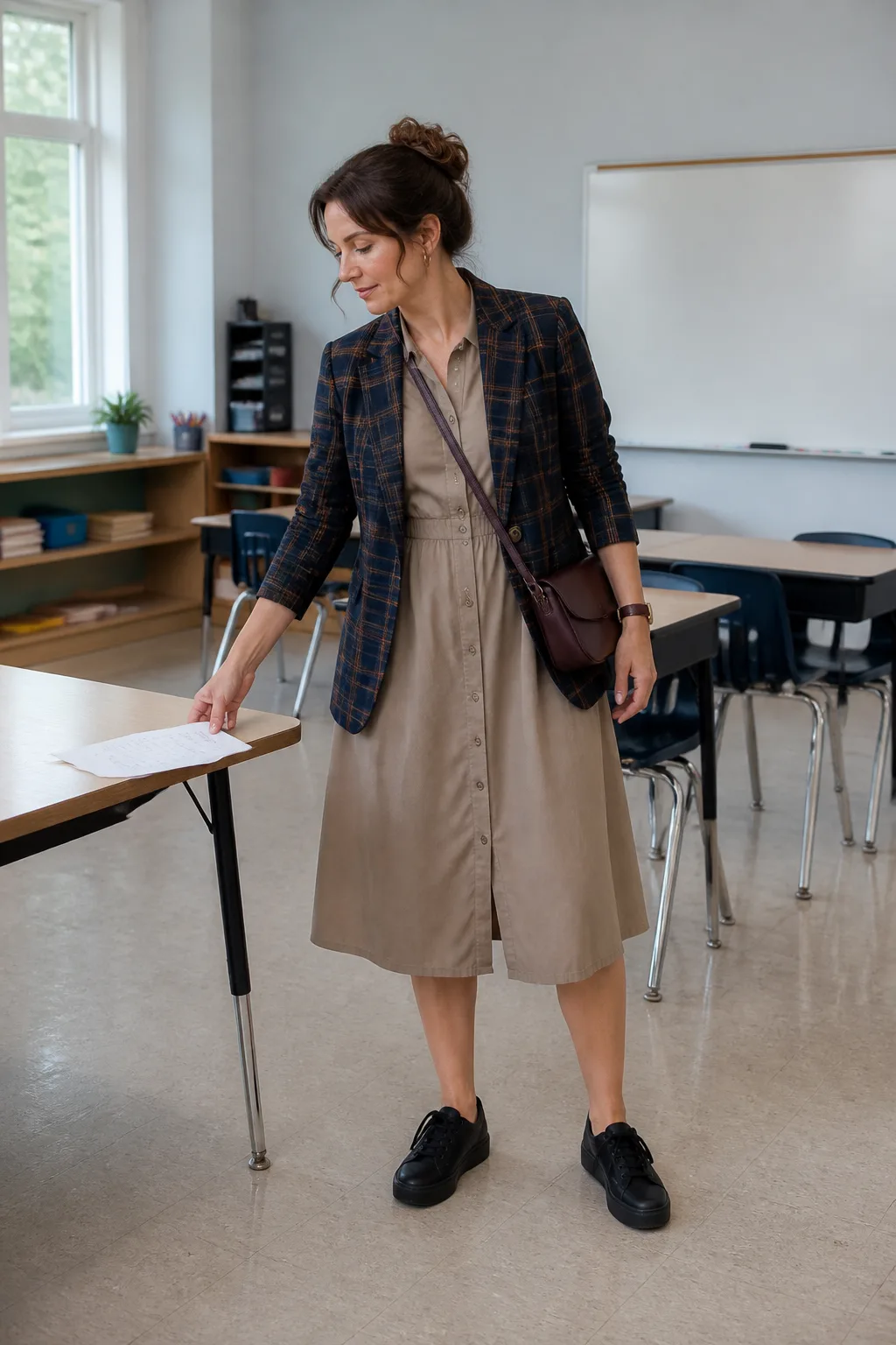 Taupe Shirt Dress, Plaid Blazer, and Sneakers