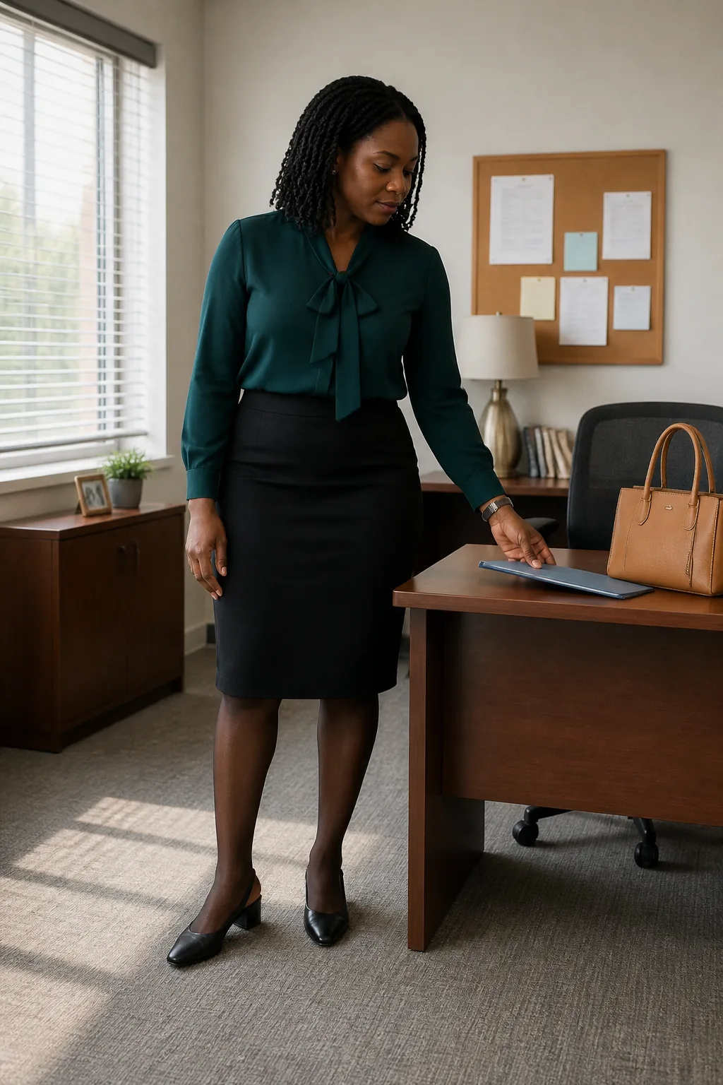 Teal Blouse and Black Pencil Skirt