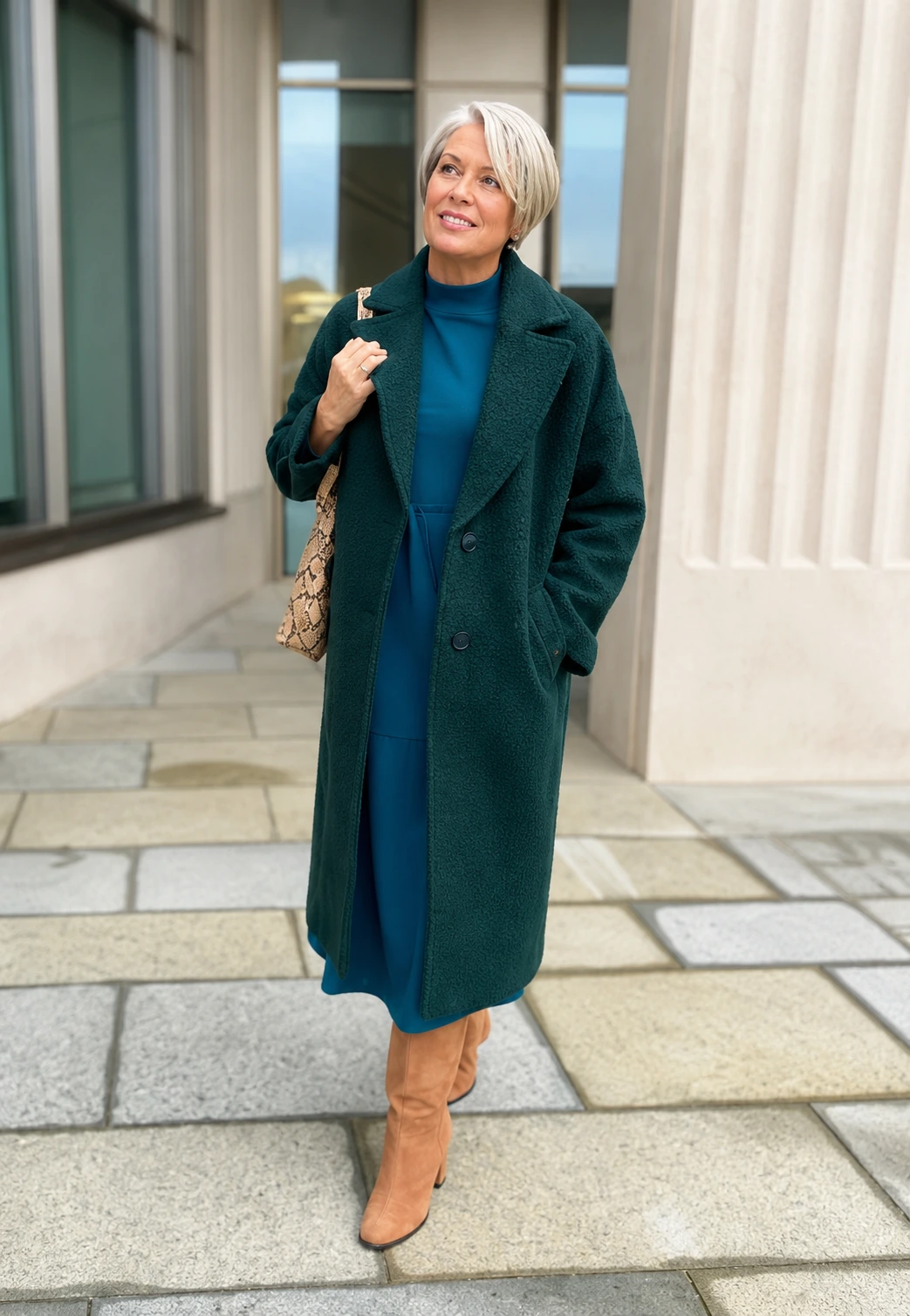 Teal Coat + Blue Dress + Tan Boots