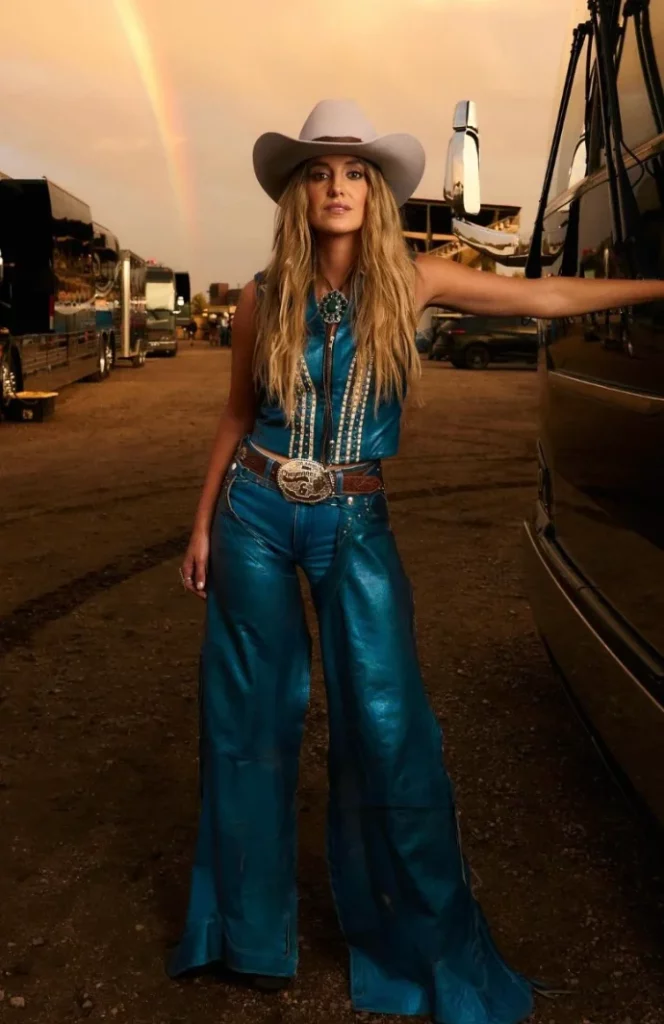 Teal Leather Vest + Teal Leather Wide-Leg Pants + White Cowboy Hat + Brown Western Belt With Silver Buckle