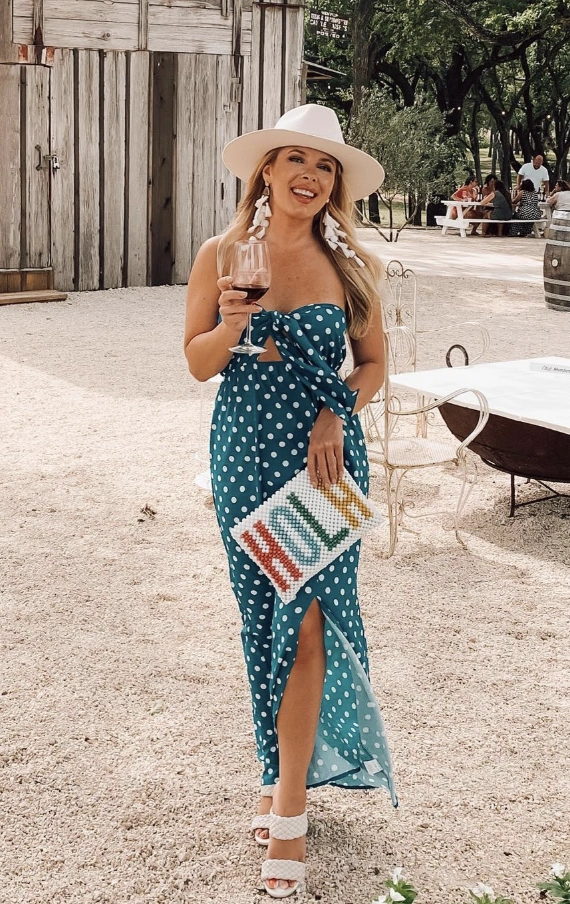 Teal Polka Dot Maxi Dress + White Heeled Sandals + Wide-Brimmed Hat
