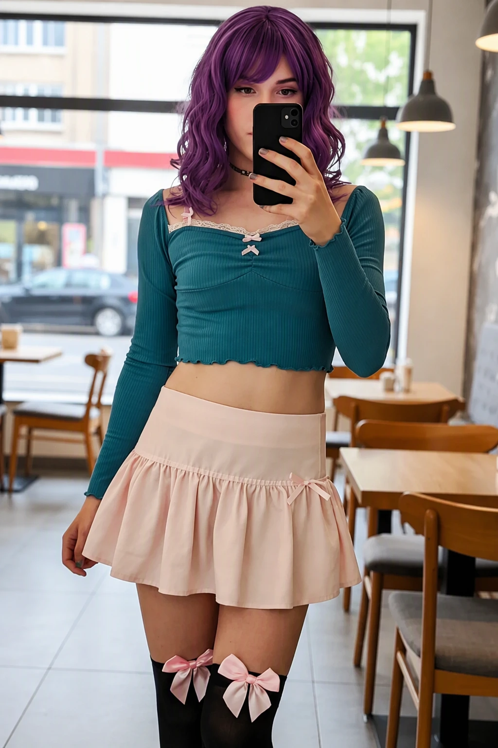 Teal Ribbed Crop Top + Pink Ruffled Mini Skirt + Bow Thigh Highs