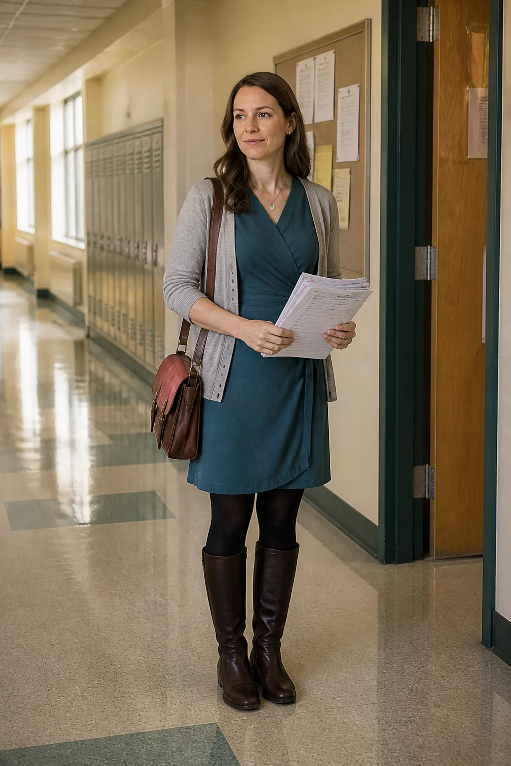 Teal Wrap Dress, Cardigan, and Tall Boots
