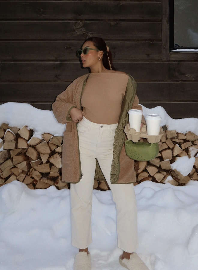 Teddy Coat + Beige Tee + Cream Jeans + Fuzzy Slides