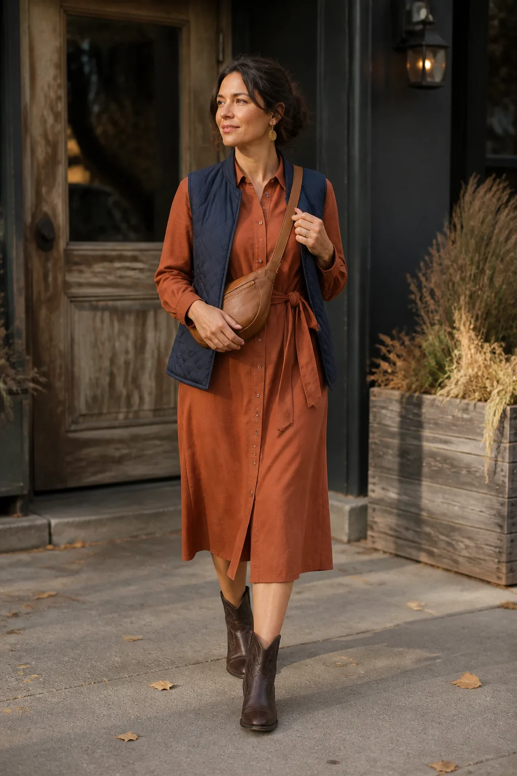 Terracotta Shirt Dress with Western-Inspired Boots