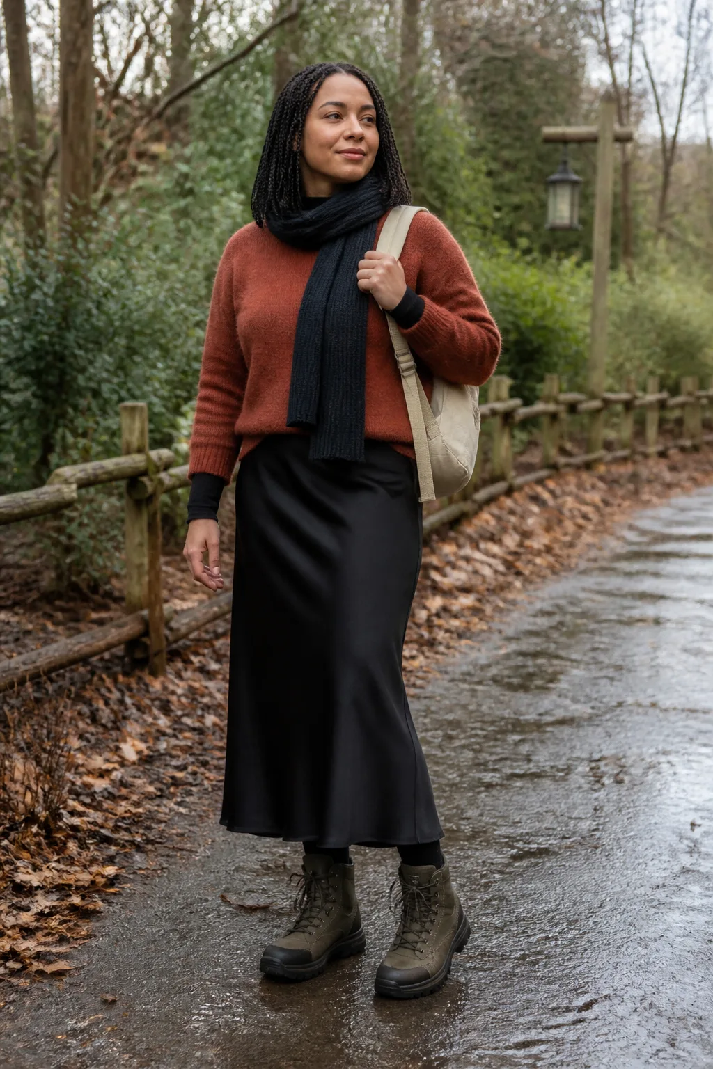 Terracotta Sweater, Black Slip Skirt and Hiking Boots
