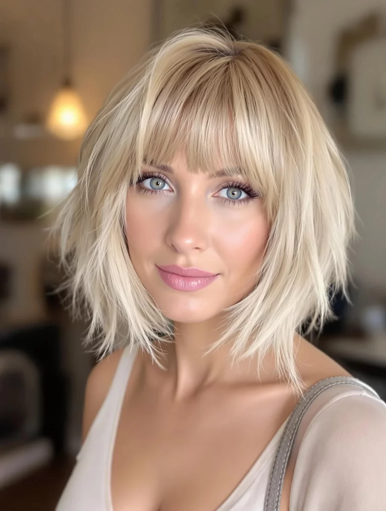 Textured Blonde Bob with Full Bangs
