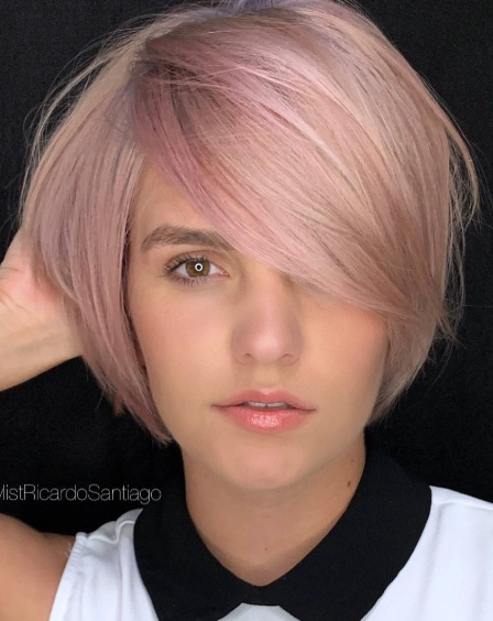 Textured Bob with Angled Bangs and Rose Brown Hair