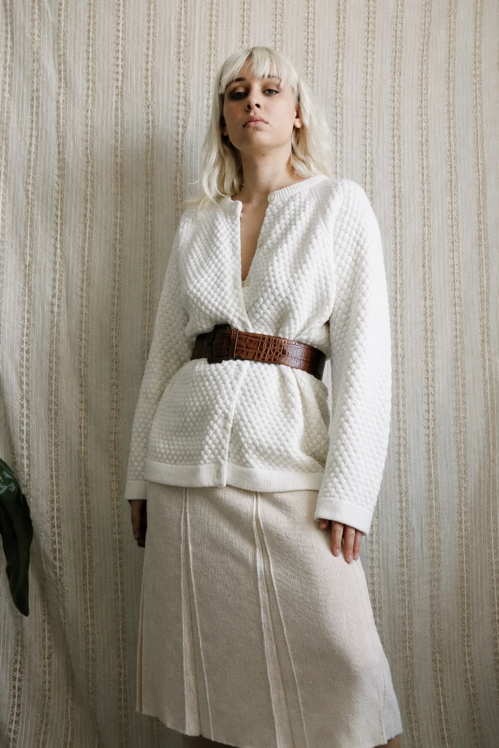 Textured Cardigan + Midi Skirt + Brown Circle Belt