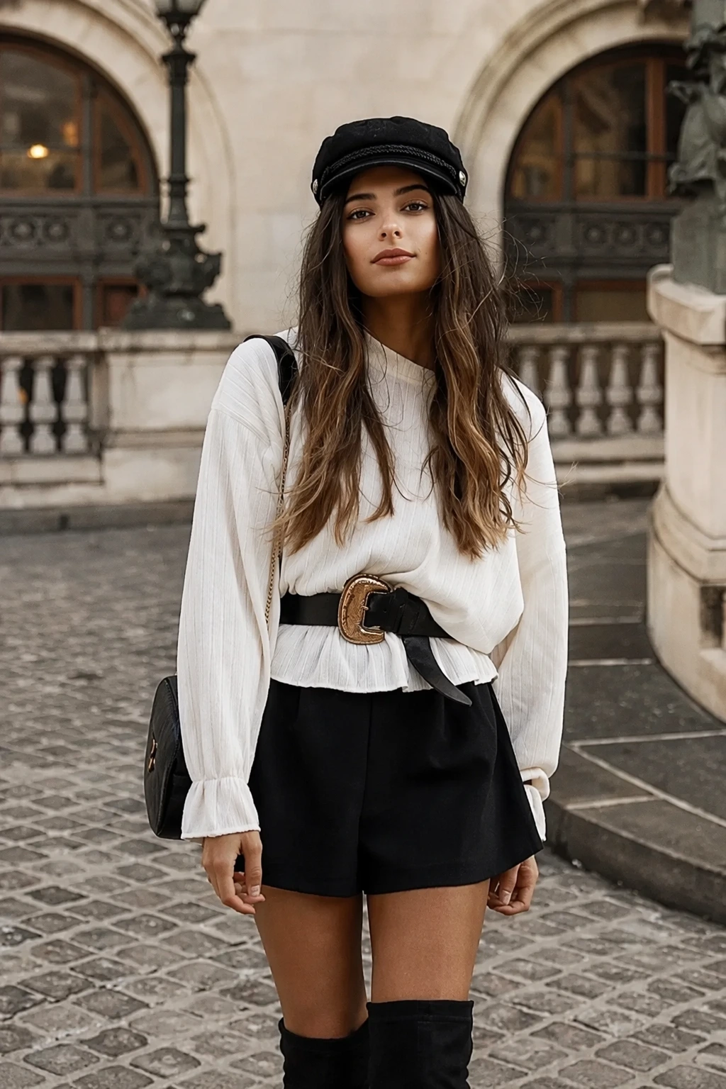 Textured White Top + Black Shorts + Big Belt + Newsboy Cap