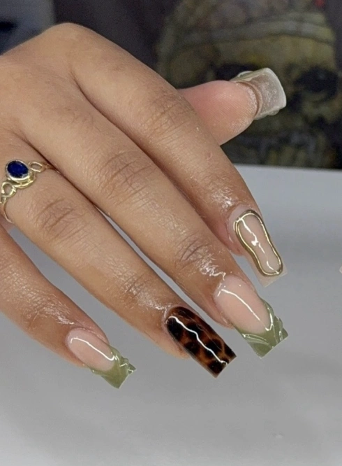 Tortoiseshell and Olive Green Square Nails with Gold Outline