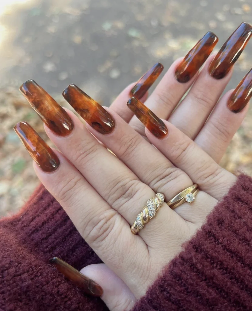 Tortoiseshell Coffin Nails in Rich Amber and Dark Brown with Glossy Finish