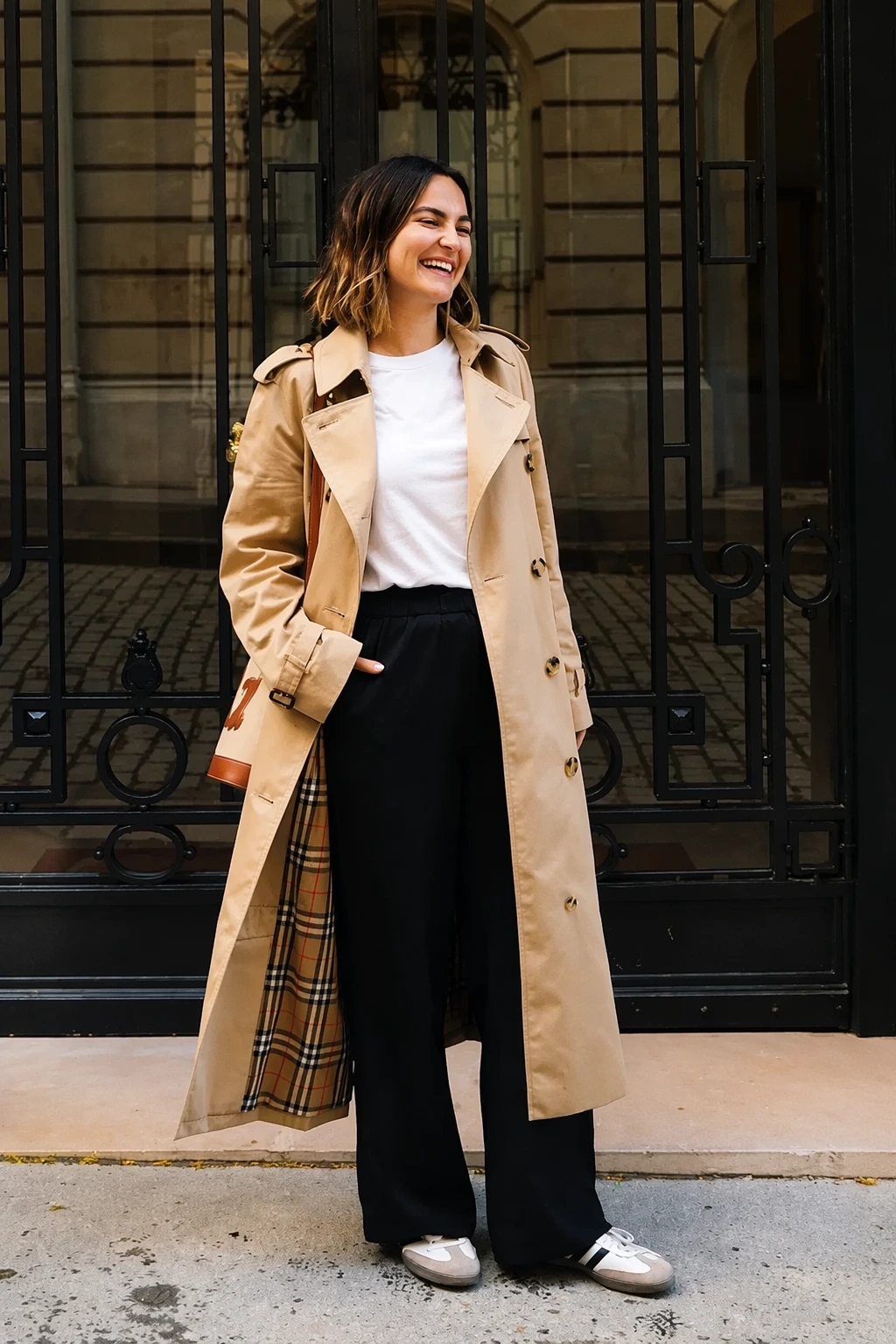 Trench Coat + Basic White Tee + Wide Black Pants + Samba