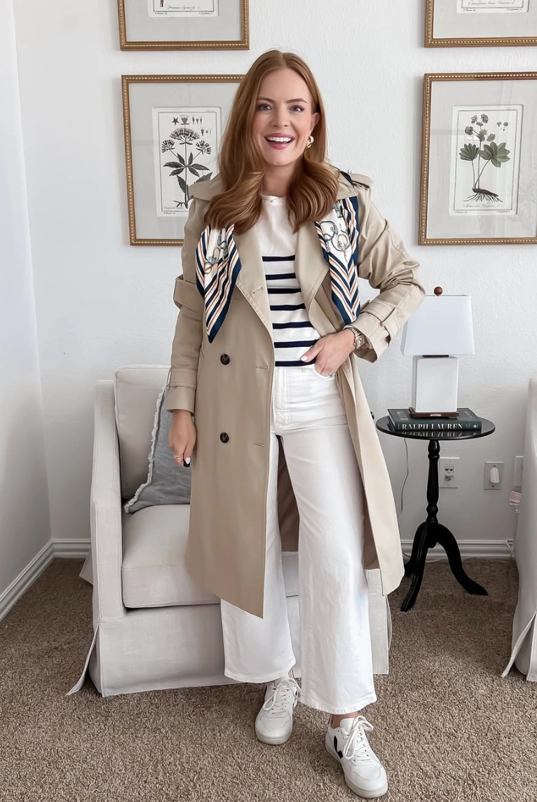 Trench Coat + Striped Tee + Wide Leg Jeans