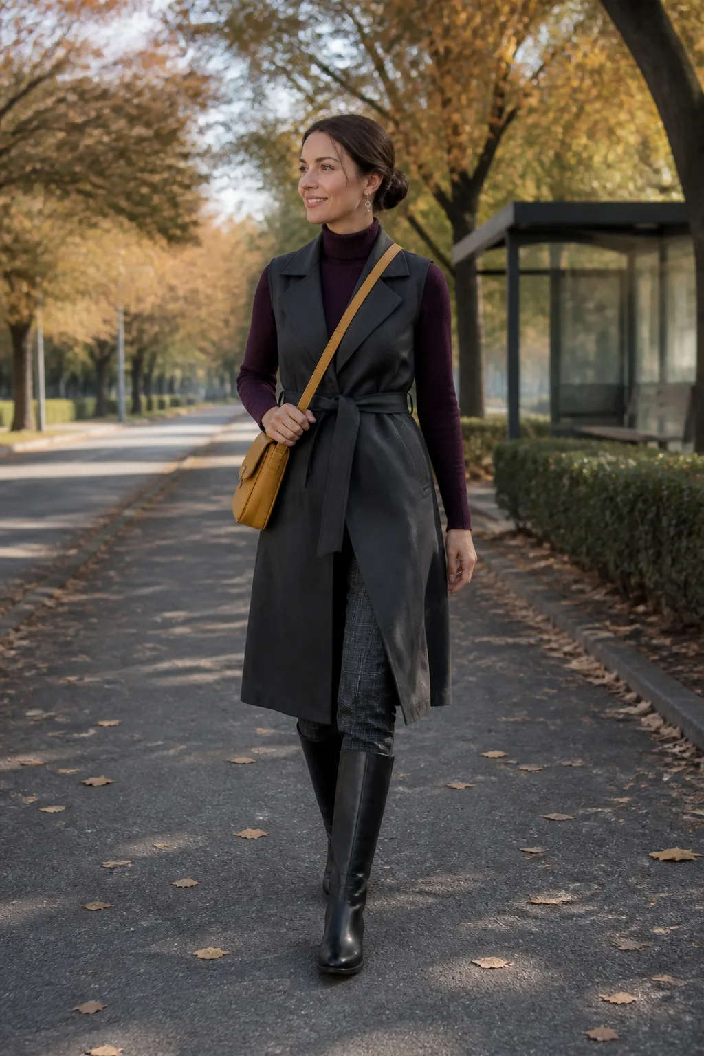 Trench Vest, Purple Sweater and Black Riding Boots