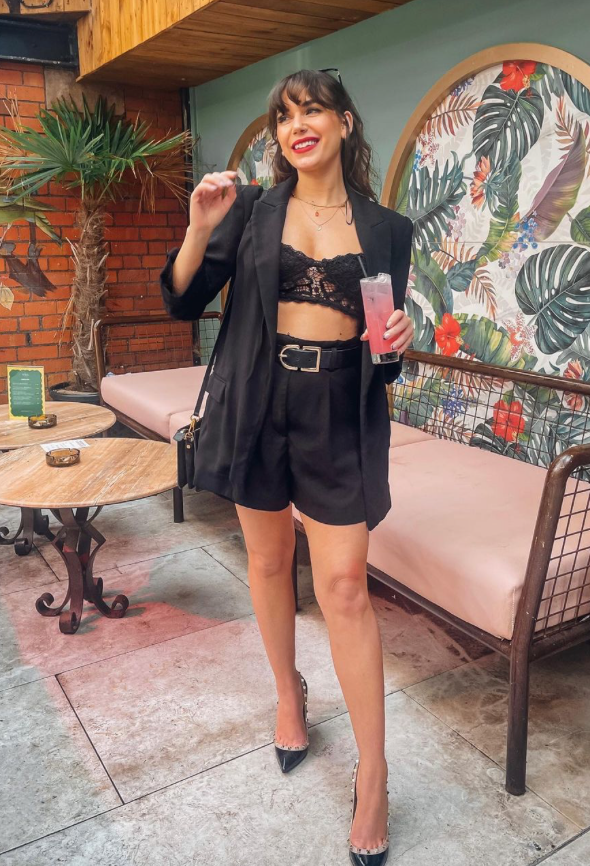 Tropical Chic: Lace Bralette + Blazer + High-Waisted Shorts